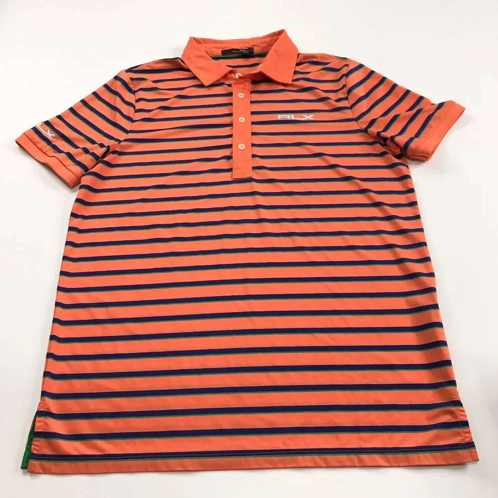 RLX Ralph Lauren Large Mens Golf SS Stretch Button Polo Striped Shirt Orange